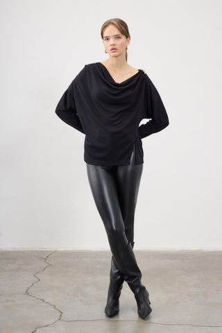 Elma Draped Blouse with Brooch – Black
