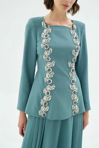 Eloya Stone-Embellished Square-Neck Blouse & Skirt Set - Blue