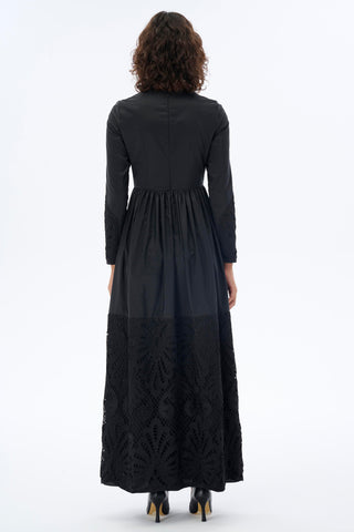 Embroidered Hem Taffeta Dress in Black