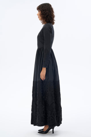 Embroidered Hem Taffeta Dress in Black