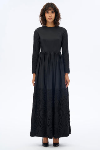 Embroidered Hem Taffeta Dress in Black