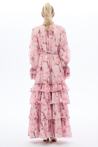 Pink Ruffle-Tiered Floral Maxi Dress