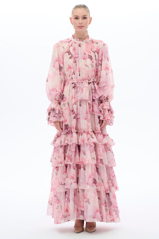 Pink Ruffle-Tiered Floral Maxi Dress
