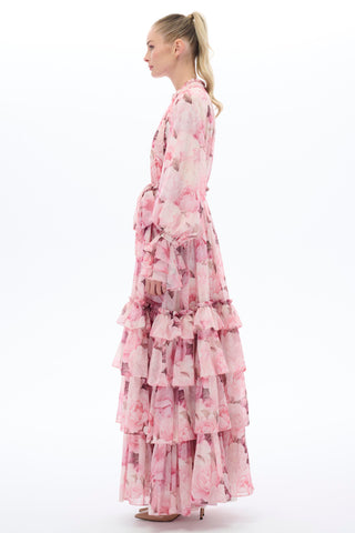 Pink Ruffle-Tiered Floral Maxi Dress