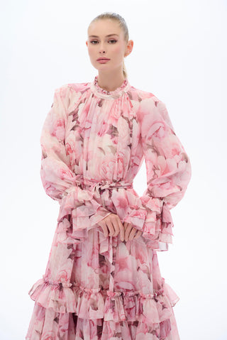 Pink Ruffle-Tiered Floral Maxi Dress