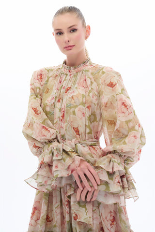 Green Ruffle-Tiered Floral Maxi Dress