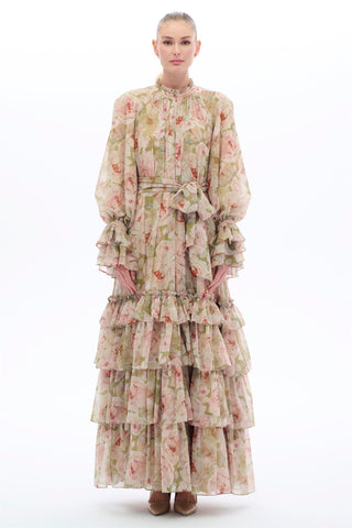 Green Ruffle-Tiered Floral Maxi Dress