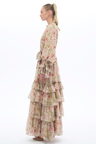 Green Ruffle-Tiered Floral Maxi Dress