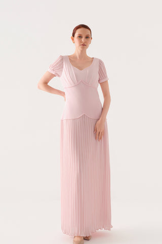ETEĞİ PİLİSELİ KISA KOLLU ELBİSE Pembe