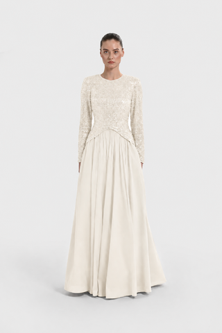 Sequin-Embellished Long-Sleeve Evening Gown - Cream