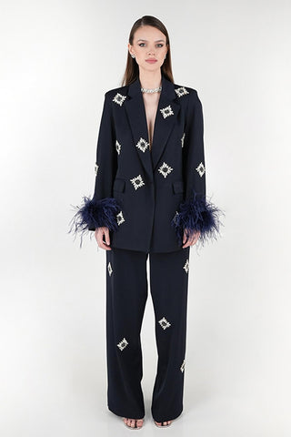 Flame Embellished Feather-Trim Set – Navy