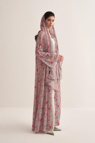 Floral Satin Abaya with Matching Scarf