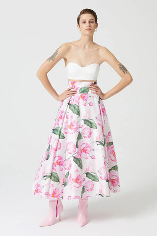 High-Waisted Corset-Panel Flared Skirt – Rose Patterned