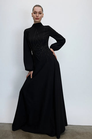 Embellished High-Neck Evening Gown – Black