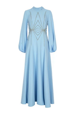 Embellished High-Neck Evening Gown – Light Blue