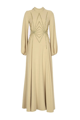 Embellished High-Neck Evening Gown – Beige