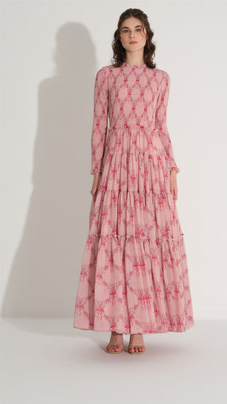 Smocked Chiffon Pleated Dress – Pink