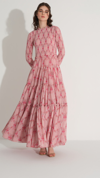 Smocked Chiffon Pleated Dress – Pink