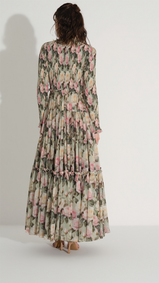 Smocked Chiffon Pleated Dress – Green