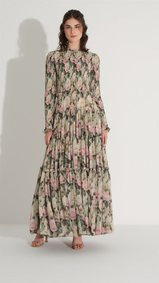 Smocked Chiffon Pleated Dress – Green