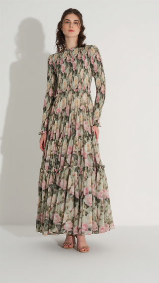 Smocked Chiffon Pleated Dress – Green