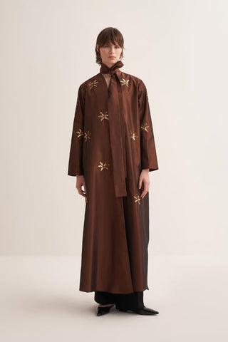 Glamor Embroidered Satin Abaya – Brown