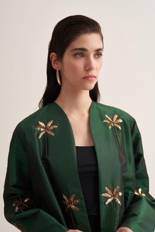 Glamor Embroidered Satin Abaya – Emerald Green