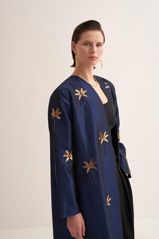 Glamor Embroidered Satin Abaya – Navy Blue
