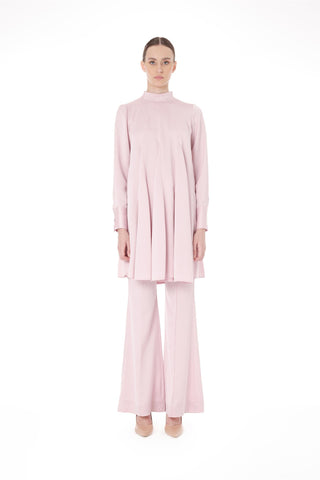 Flared Panel Tunic & Wide-Leg Trousers Set – Pink