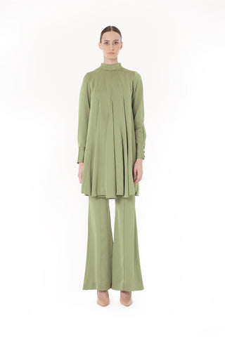 Flared Panel Tunic & Wide-Leg Trousers Set – Oil Green