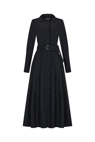 Belted Shirt-Collar Midi Dress – Black