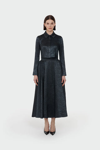 Shirt Collar Cropped Jacket & Skirt Set - Emerald