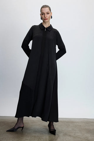 Shirt-Collar Zip-Front Abaya – Black