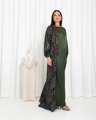 Green  Floral Check Kimono Abaya