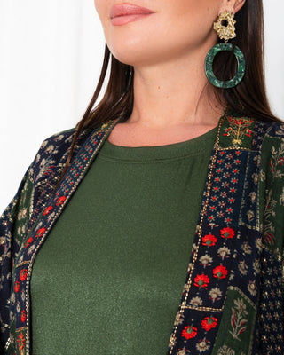Green  Floral Check Kimono Abaya