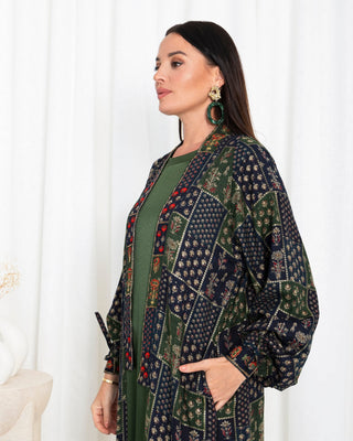 Green  Floral Check Kimono Abaya