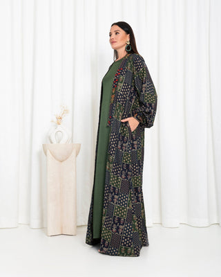 Green  Floral Check Kimono Abaya