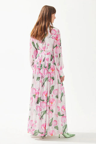 Patterned Shirt-Collar Pleated Long Dress - Rose