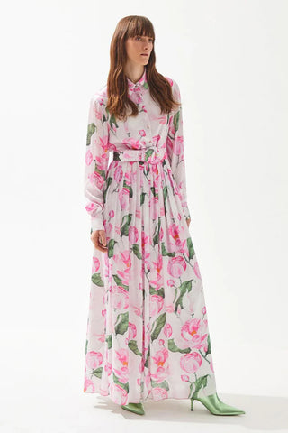 Patterned Shirt-Collar Pleated Long Dress - Rose