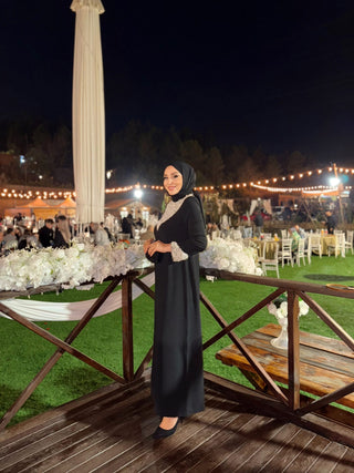 Celina Pearl-Embellished Satin Dress – Black