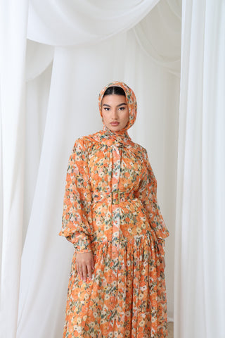Fall – Floral Chiffon Maxi Dress with Scarf | Modest Luxury