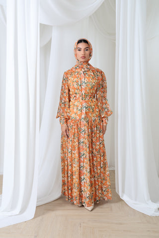 Fall – Floral Chiffon Maxi Dress with Scarf | Modest Luxury