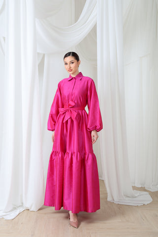 Satin Maxi Dress with Balloon Sleeves & Waist Bow