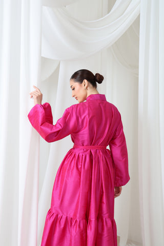 Satin Maxi Dress with Balloon Sleeves & Waist Bow