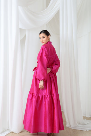 Satin Maxi Dress with Balloon Sleeves & Waist Bow