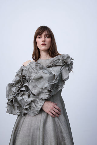 Metallic Grey Silk-Linen Dress with Sculptural Ruffle Sleeves