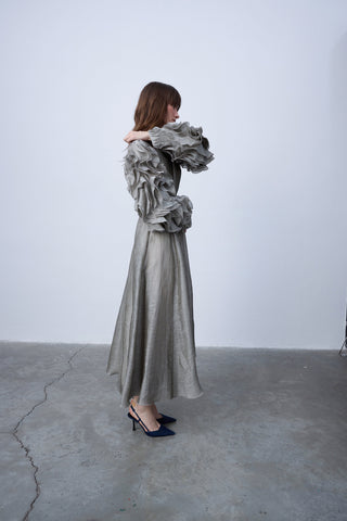 Metallic Grey Silk-Linen Dress with Sculptural Ruffle Sleeves