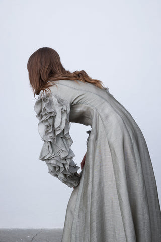 Metallic Grey Silk-Linen Dress with Sculptural Ruffle Sleeves