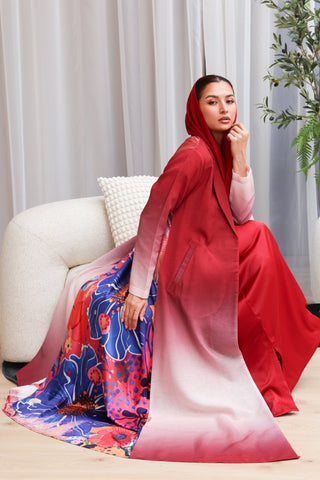 Ruh Ishq | Red Ombré Abaya with Silk Floral Back abaya