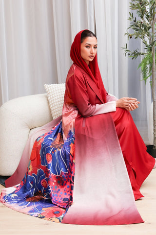 Ruh Ishq | Red Ombré Abaya with Silk Floral Back abaya